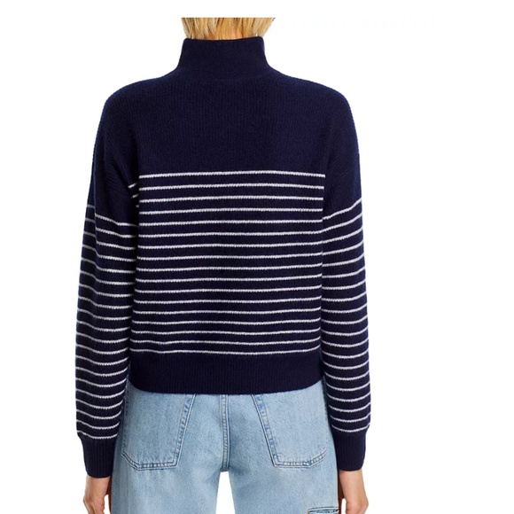 Luxurious 100% Cashmere Stripe Quarter Zip Sweater in Navy / White - Picture 3 of 6
